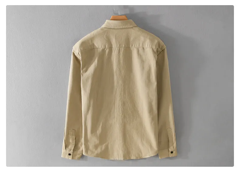 Men's long sleeve cotton workwear shirt in green, cardigan style, American retro casual wear