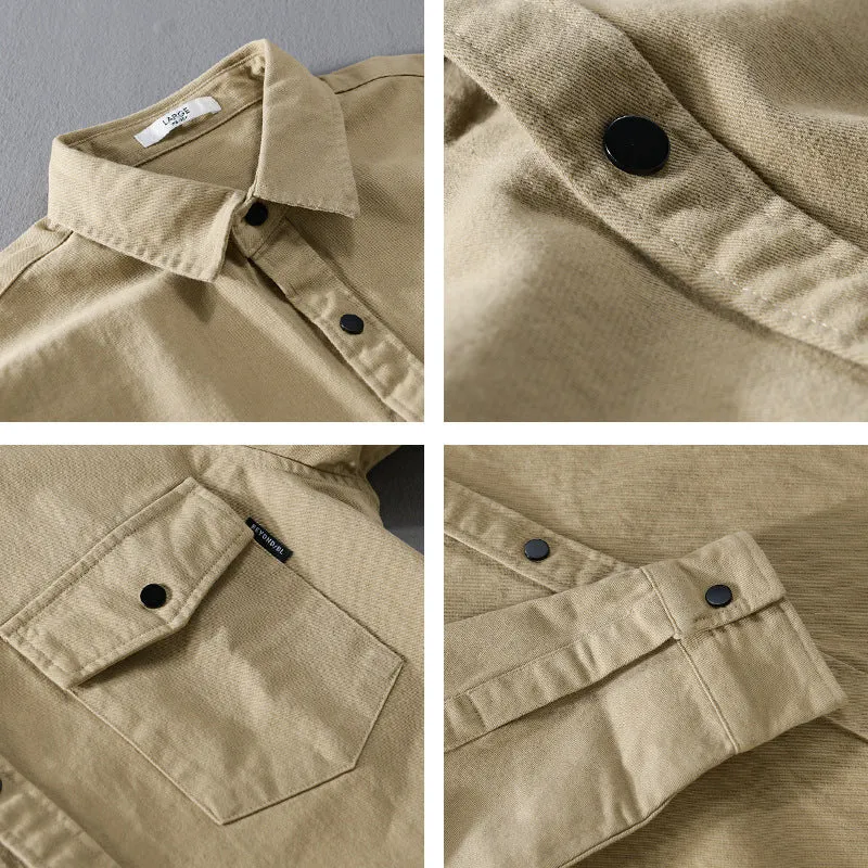Men's long sleeve cotton workwear shirt in green, cardigan style, American retro casual wear