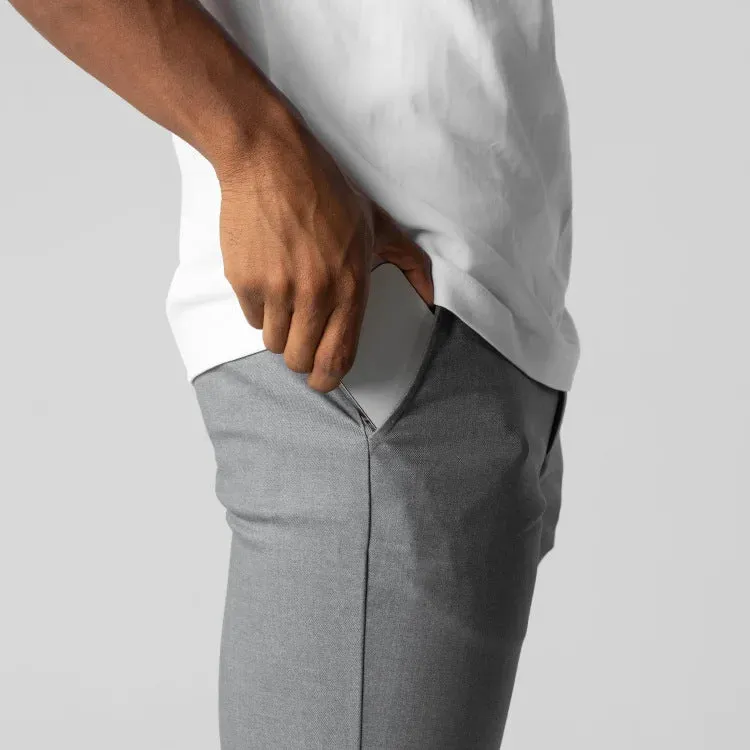 Men's casual pants in gray, pure cotton, straight-leg with high elasticity and zipper fly