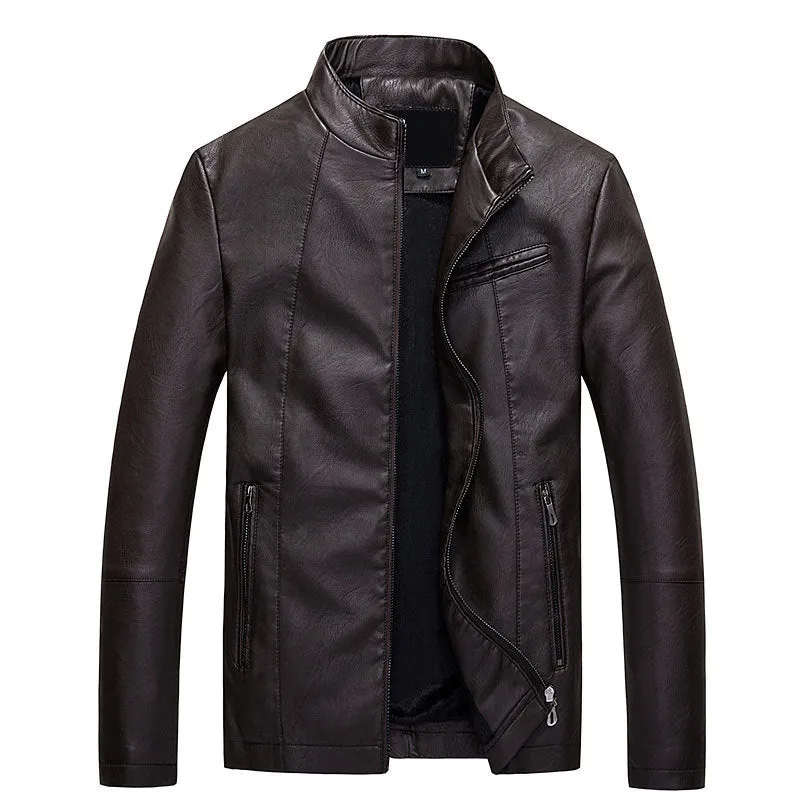 Men's PU leather jacket in claret colour with biker style design and polyester lining