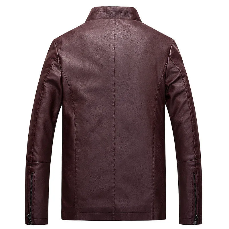Men's PU leather jacket in claret colour with biker style design and polyester lining