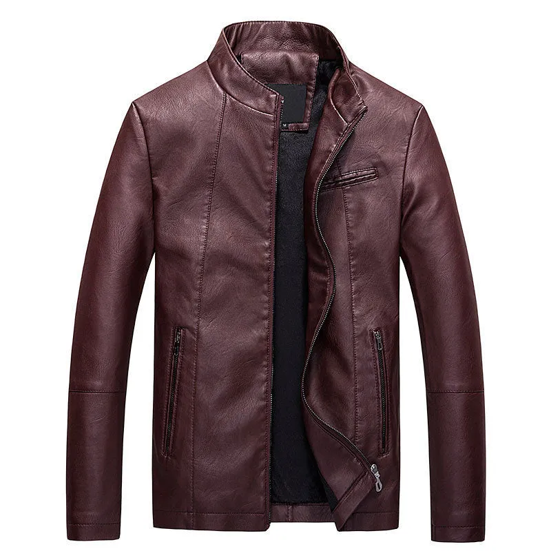Men's PU leather jacket in claret colour with biker style design and polyester lining