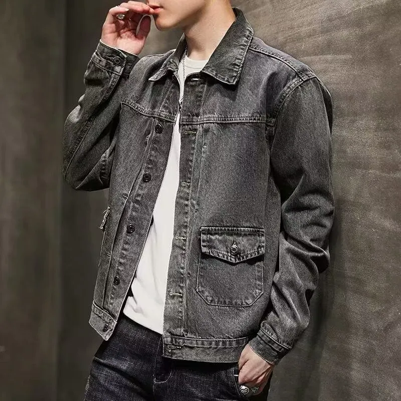 Women's smoky gray denim short jacket with straight hem and side pockets, Korean style, available in black and grey sizes M to 3XL