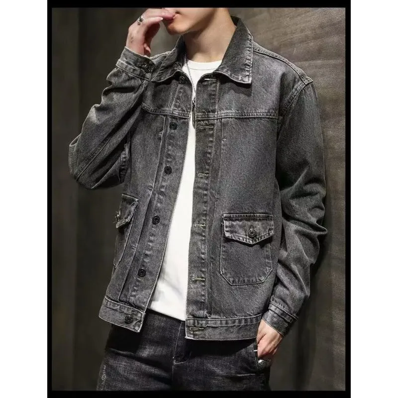 Women's smoky gray denim short jacket with straight hem and side pockets, Korean style, available in black and grey sizes M to 3XL