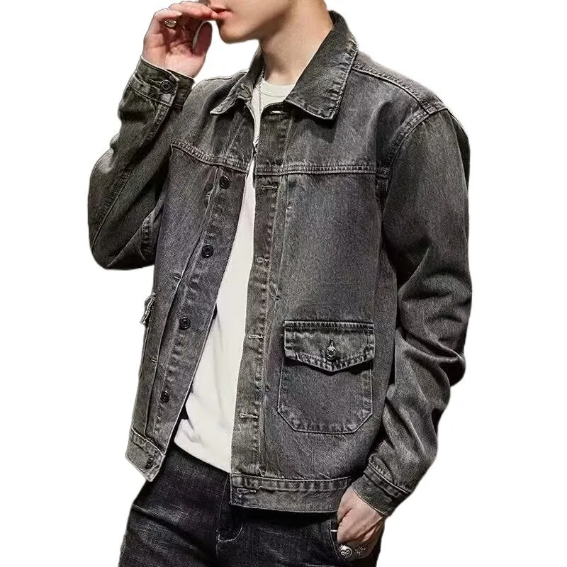 Women's smoky gray denim short jacket with straight hem and side pockets, Korean style, available in black and grey sizes M to 3XL