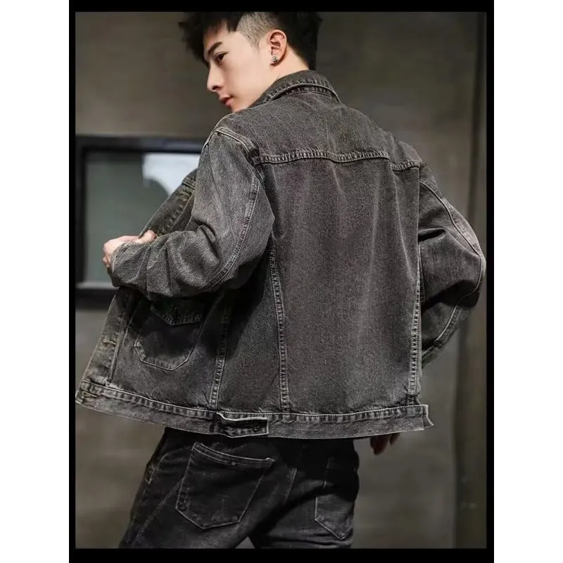 Women's smoky gray denim short jacket with straight hem and side pockets, Korean style, available in black and grey sizes M to 3XL