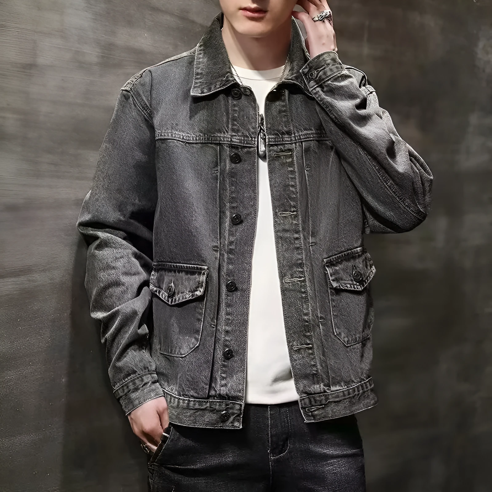Women's smoky gray denim short jacket with straight hem and side pockets, Korean style, available in black and grey sizes M to 3XL