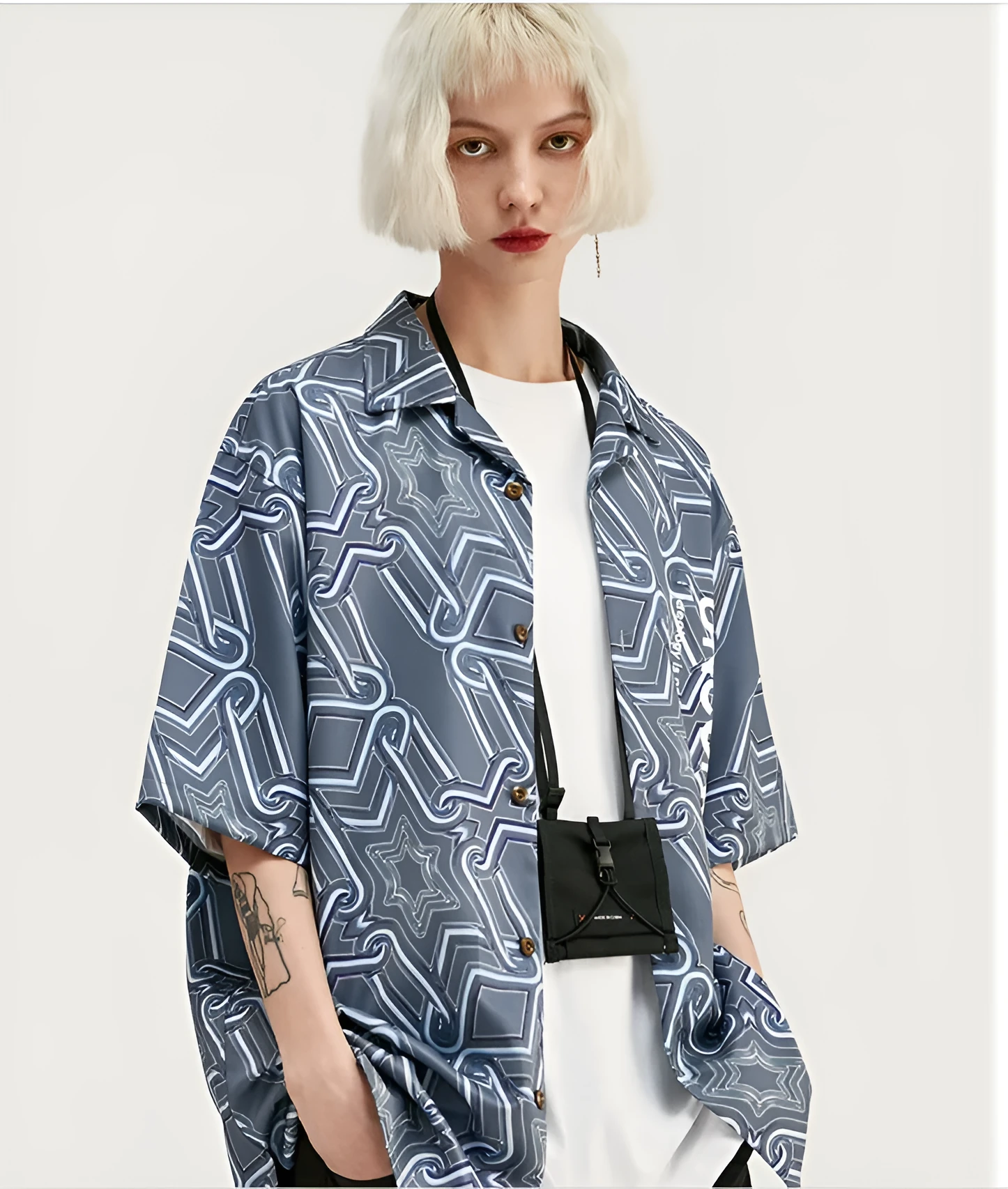 Men's Hawaiian digital print streetwear shirt in photo colour, short sleeves, button front, Asian size L