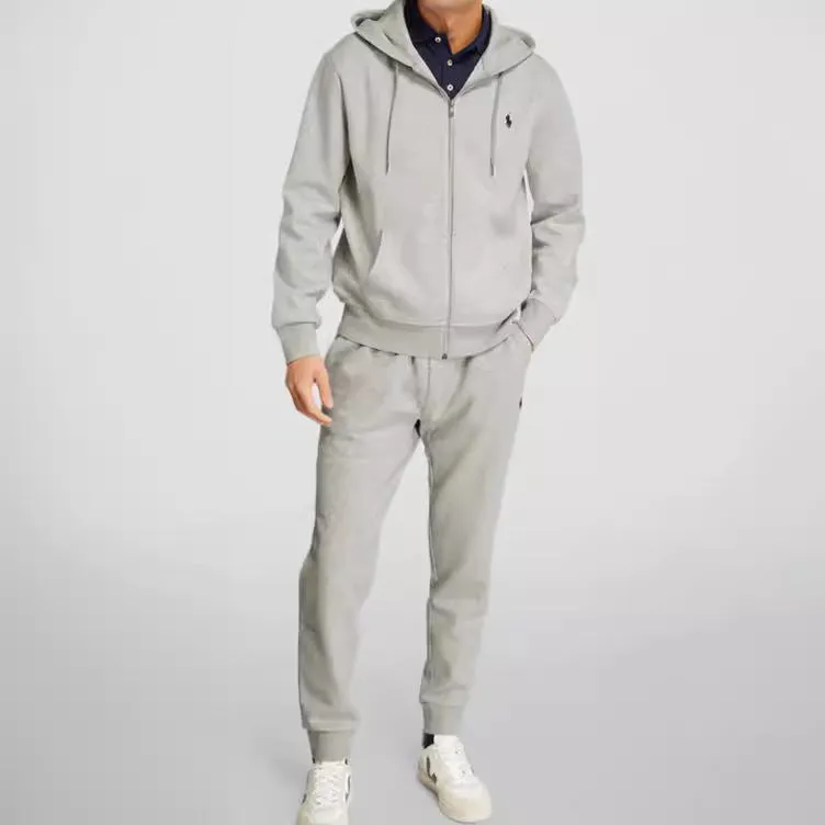 Men's casual polyester fiber sweater suit hoodie and pants set in black, gray, and navy blue