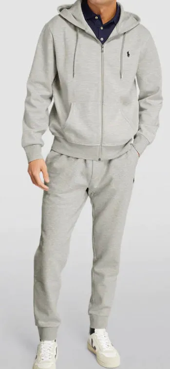 Men's casual polyester fiber sweater suit hoodie and pants set in black, gray, and navy blue