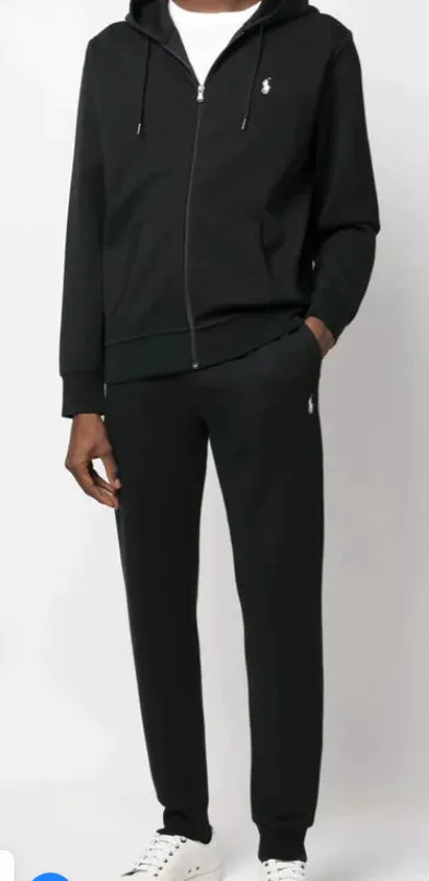 Men's casual polyester fiber sweater suit hoodie and pants set in black, gray, and navy blue