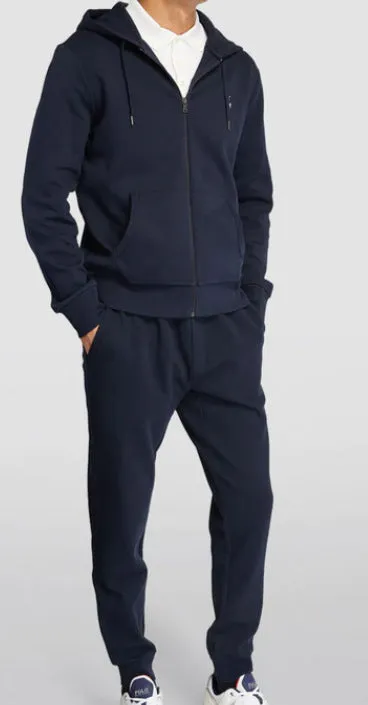 Men's casual polyester fiber sweater suit hoodie and pants set in black, gray, and navy blue