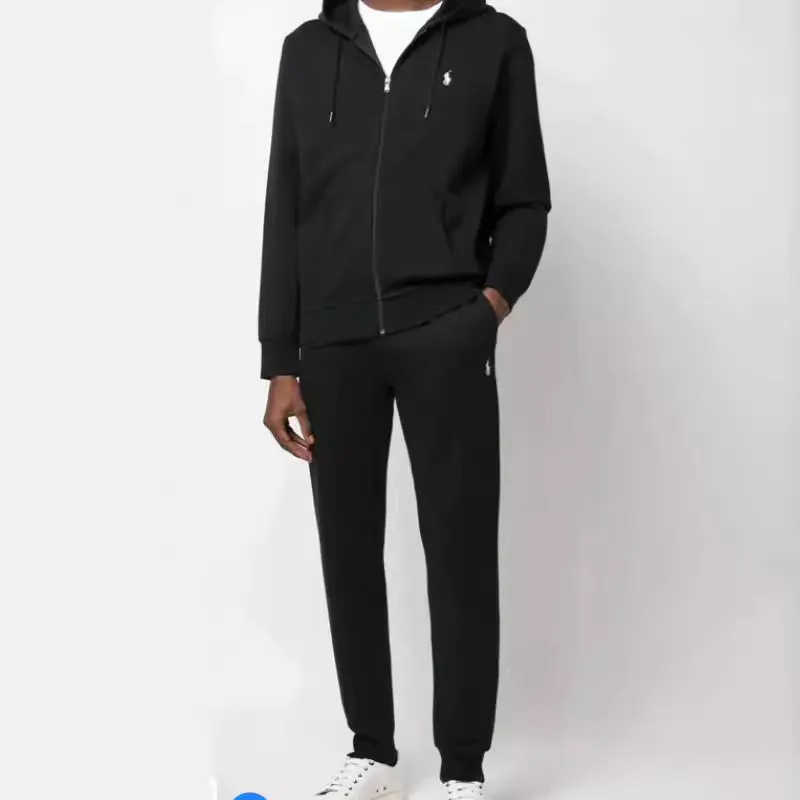 Men's casual polyester fiber sweater suit hoodie and pants set in black, gray, and navy blue