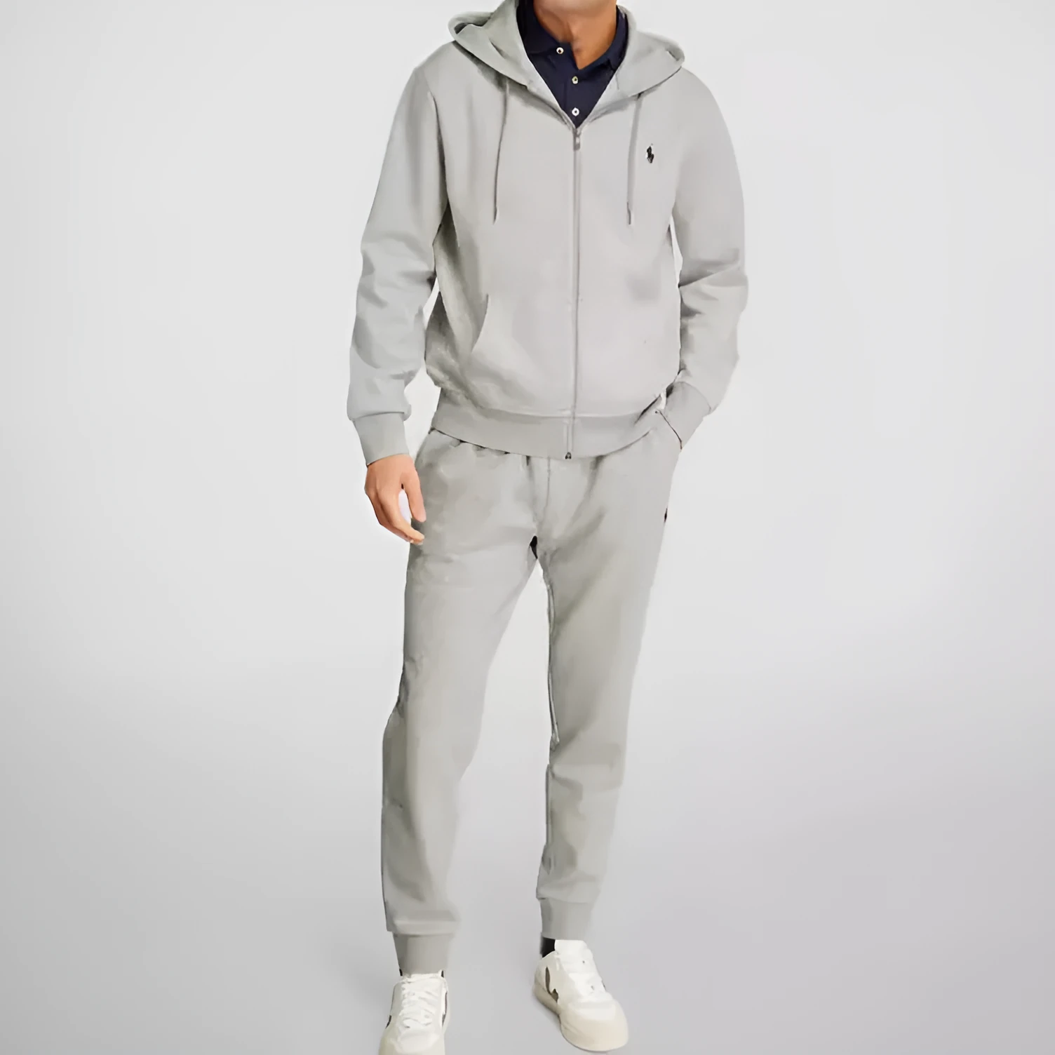 Men's casual polyester fiber sweater suit hoodie and pants set in black, gray, and navy blue