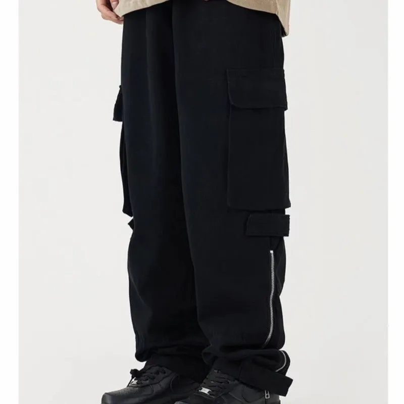 Men's cotton loose straight tube multi pocket cargo pants in Black and Apricot