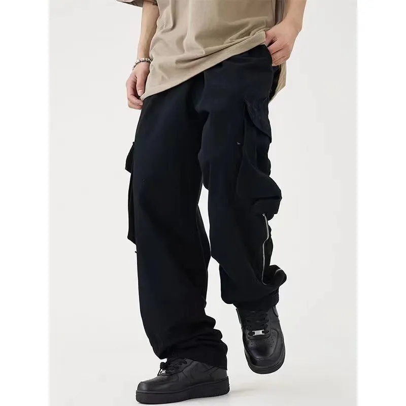 Men's cotton loose straight tube multi pocket cargo pants in Black and Apricot