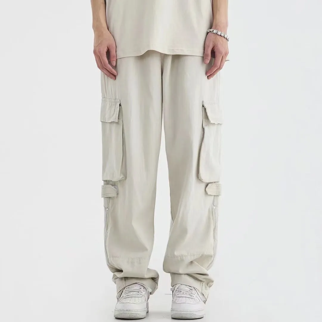 Men's cotton loose straight tube multi pocket cargo pants in Black and Apricot