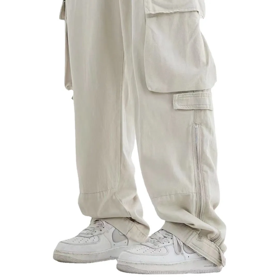 Men's cotton loose straight tube multi pocket cargo pants in Black and Apricot