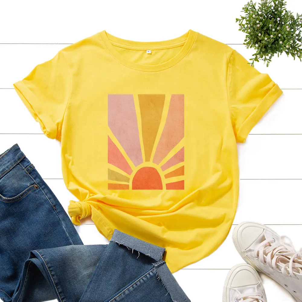 Women's cotton graphic tee with short sleeves and crew neck featuring a printed sun scenery and flower design