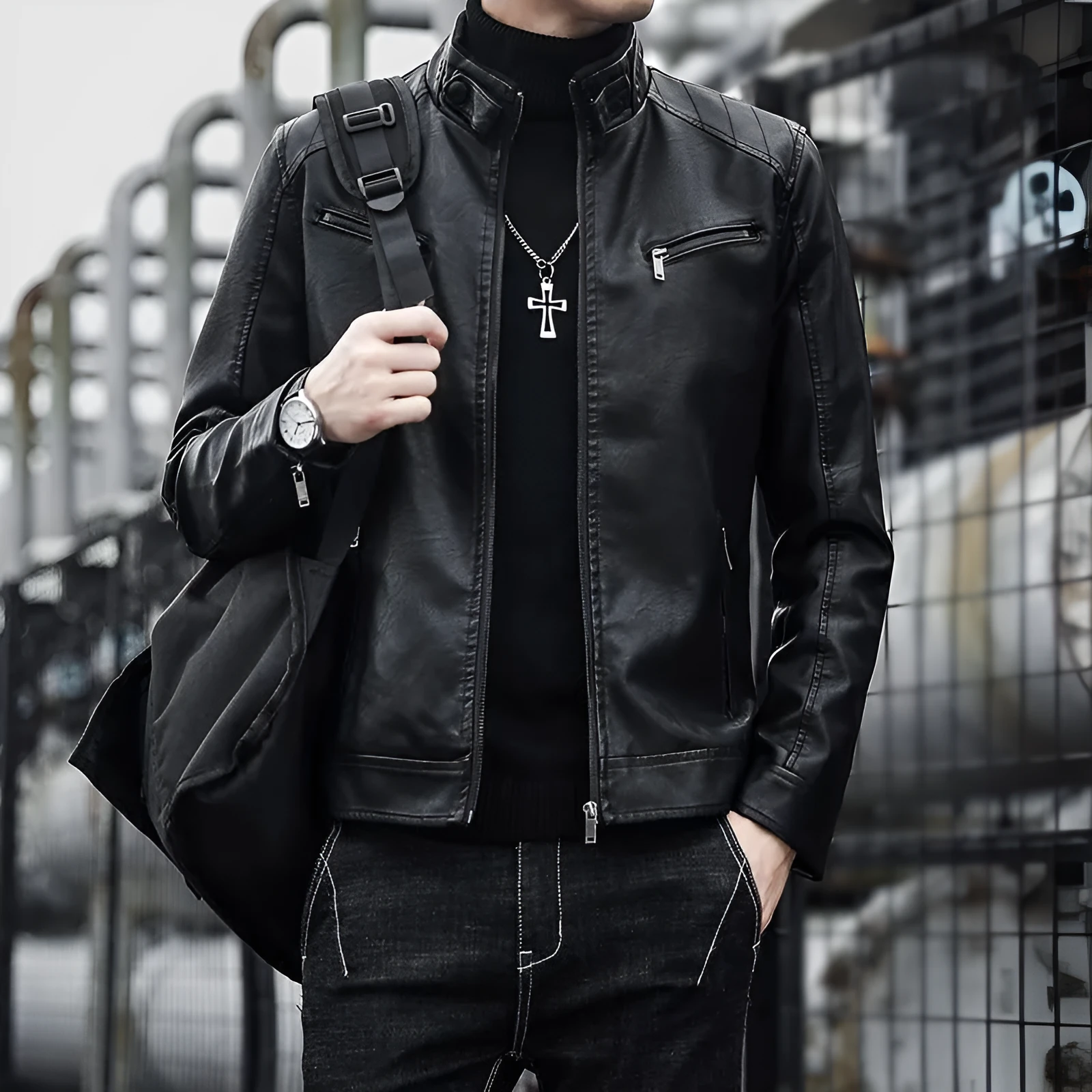 Men's black sheepskin genuine leather jacket with velvet lining, slim motorcycle fit