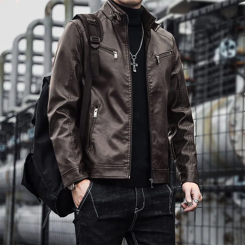 Men's black sheepskin genuine leather jacket with velvet lining, slim motorcycle fit