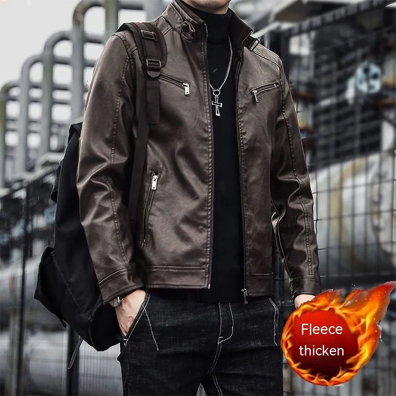 Men's black sheepskin genuine leather jacket with velvet lining, slim motorcycle fit