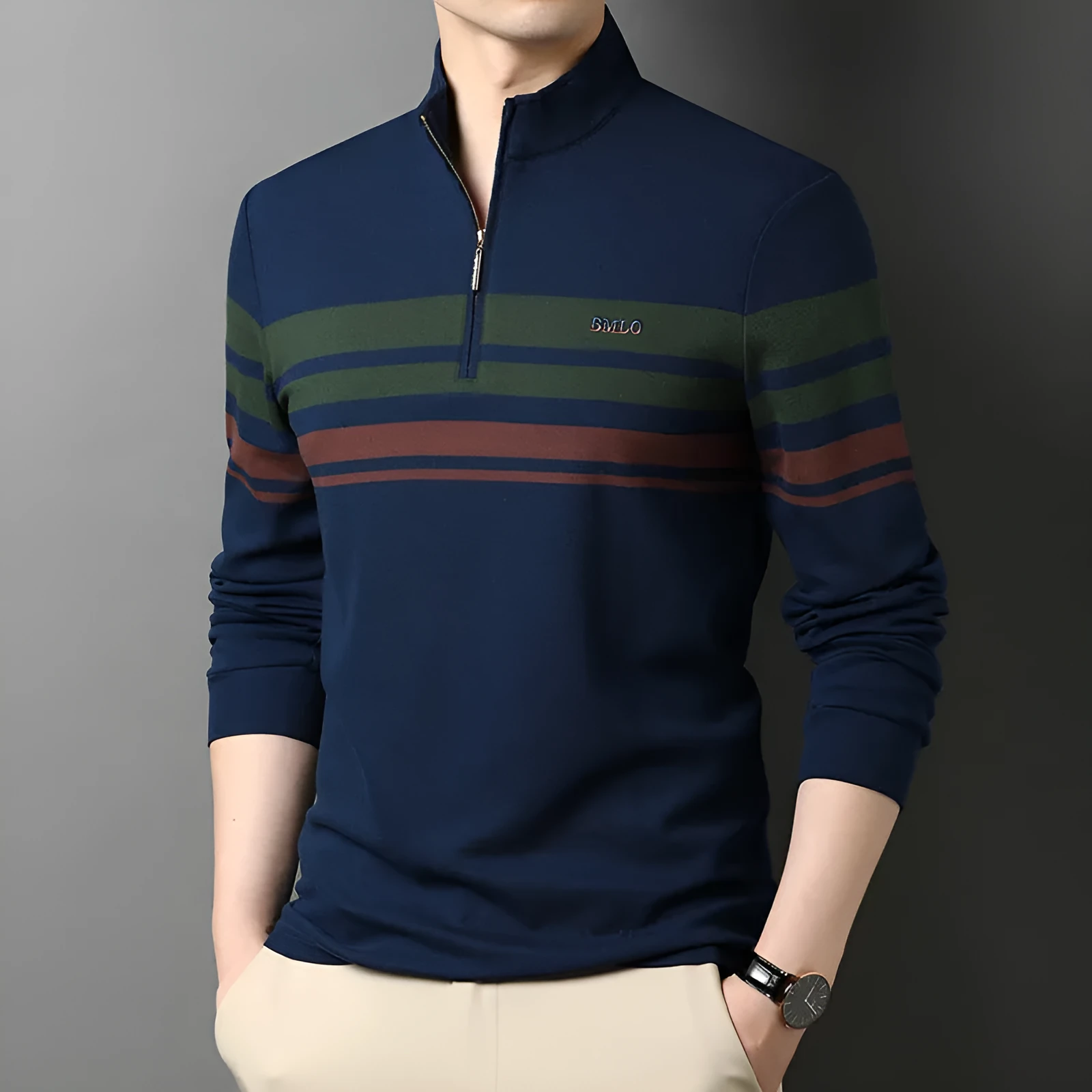 Men's cotton stand collar long sleeve T-shirt in green, front view, size 48 to 56