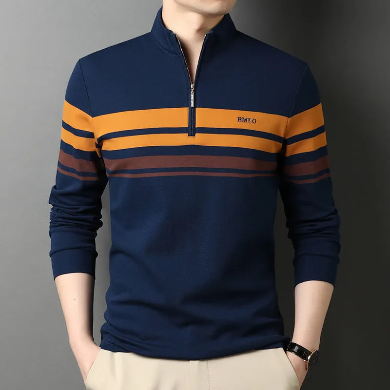 Men's cotton stand collar long sleeve T-shirt in green, front view, size 48 to 56