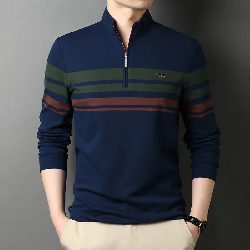 Men's cotton stand collar long sleeve T-shirt in green, front view, size 48 to 56