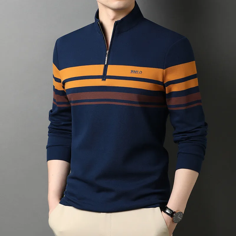 Men's cotton stand collar long sleeve T-shirt in green, front view, size 48 to 56