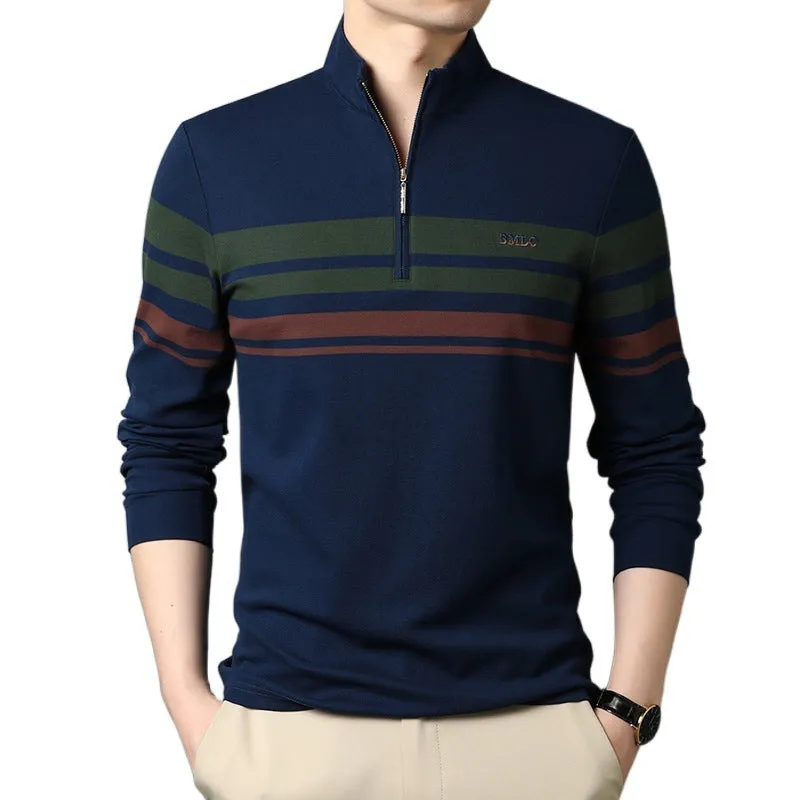 Men's cotton stand collar long sleeve T-shirt in green, front view, size 48 to 56