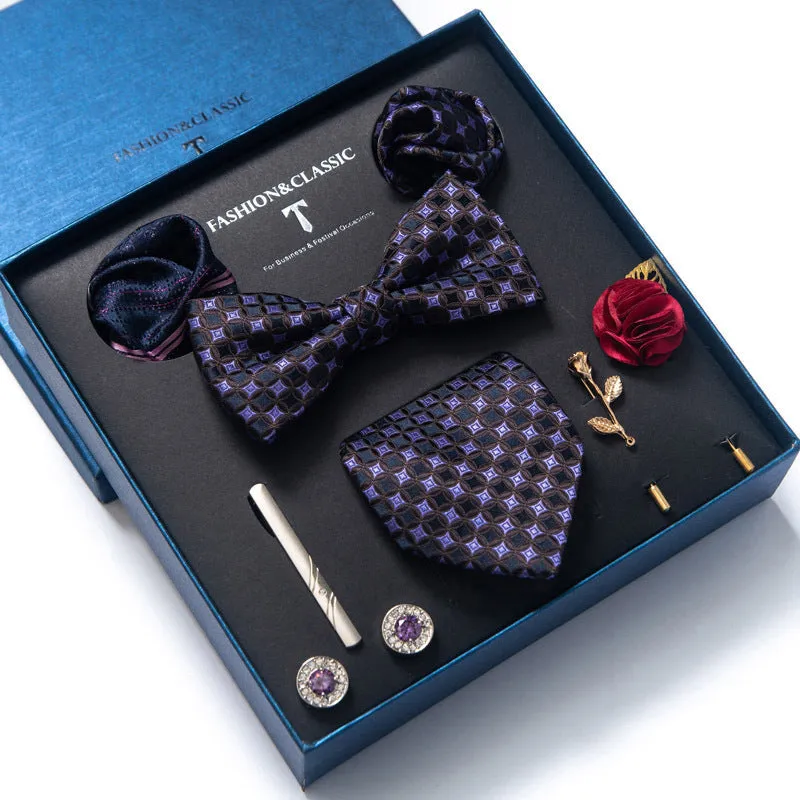 Men's 8-piece rayon jacquard bow tie set, heart shape arrow style, monochrome pattern, 146cm length