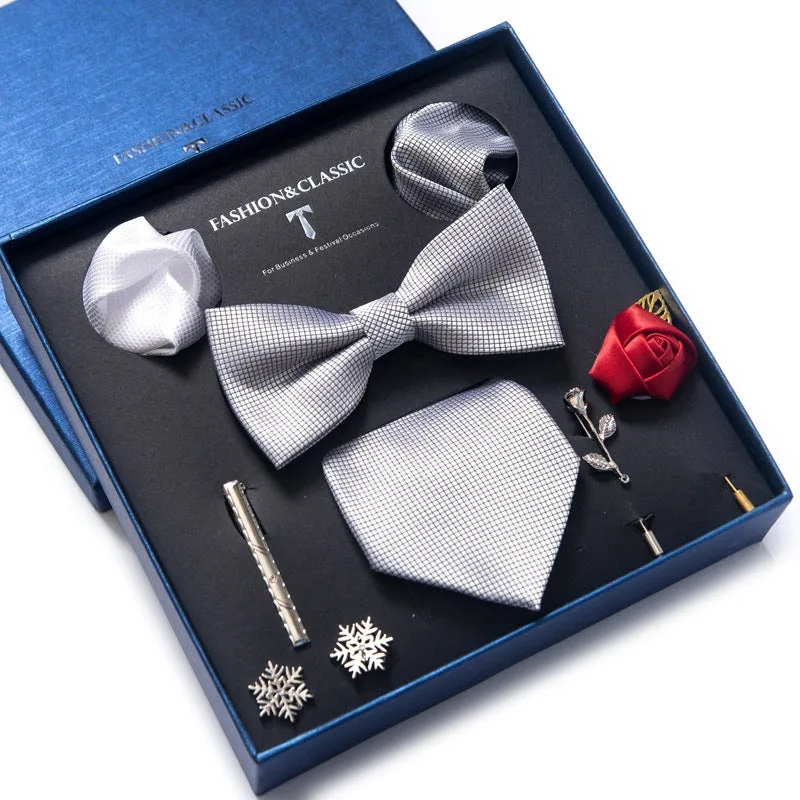 Men's 8-piece rayon jacquard bow tie set, heart shape arrow style, monochrome pattern, 146cm length