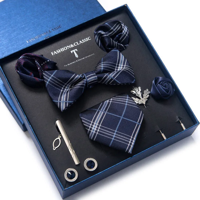 Men's 8-piece rayon jacquard bow tie set, heart shape arrow style, monochrome pattern, 146cm length