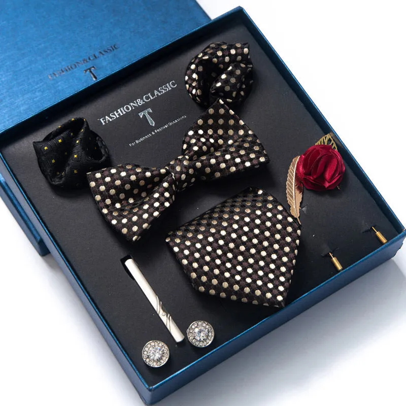 Men's 8-piece rayon jacquard bow tie set, heart shape arrow style, monochrome pattern, 146cm length