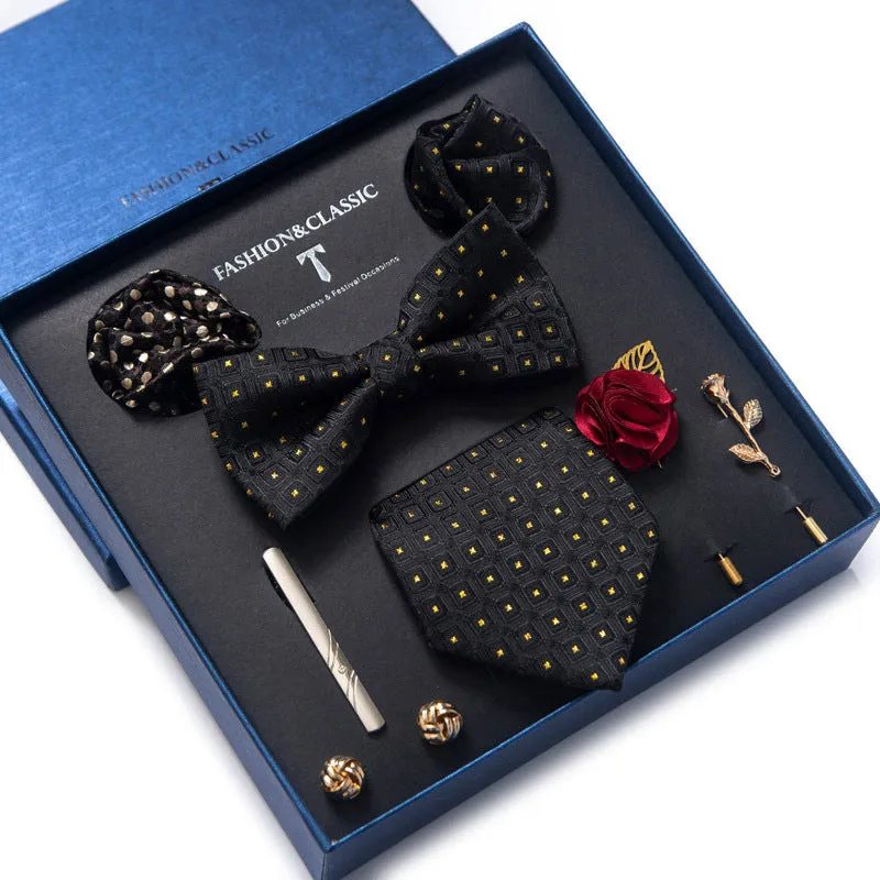 Men's 8-piece rayon jacquard bow tie set, heart shape arrow style, monochrome pattern, 146cm length