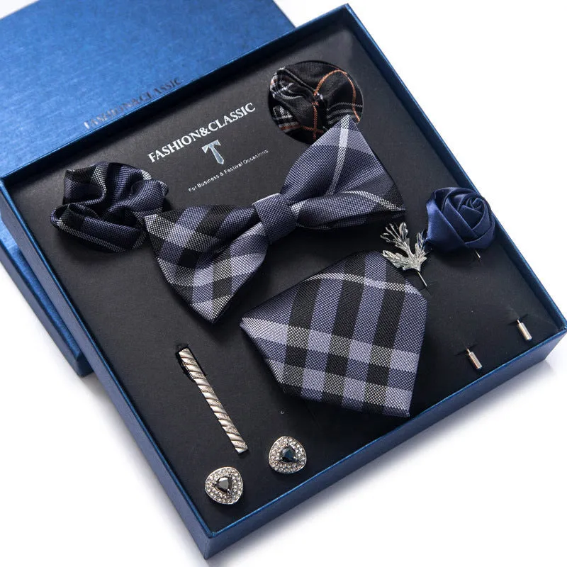 Men's 8-piece rayon jacquard bow tie set, heart shape arrow style, monochrome pattern, 146cm length