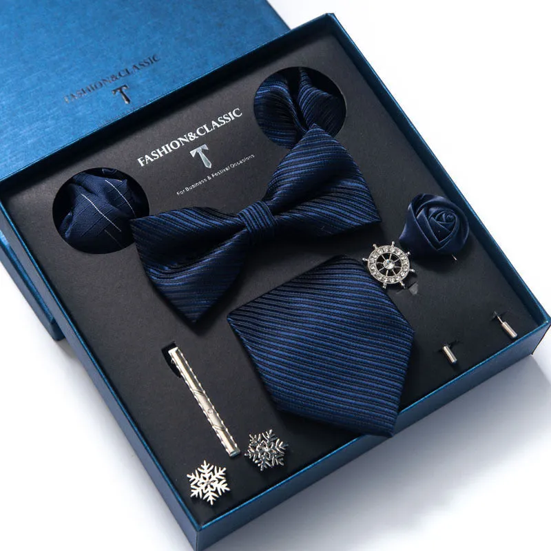 Men's 8-piece rayon jacquard bow tie set, heart shape arrow style, monochrome pattern, 146cm length