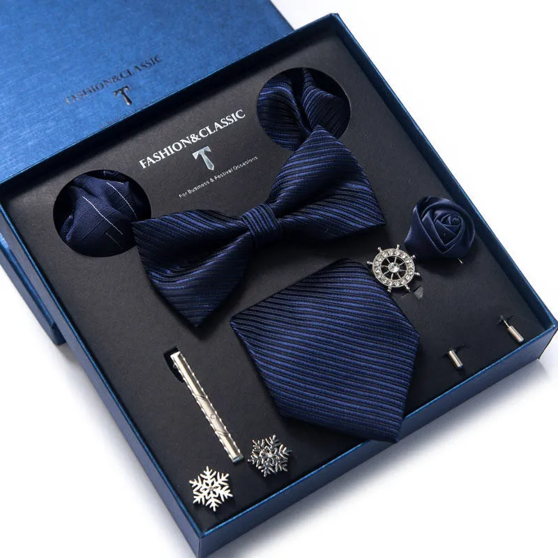 Men's 8-piece rayon jacquard bow tie set, heart shape arrow style, monochrome pattern, 146cm length
