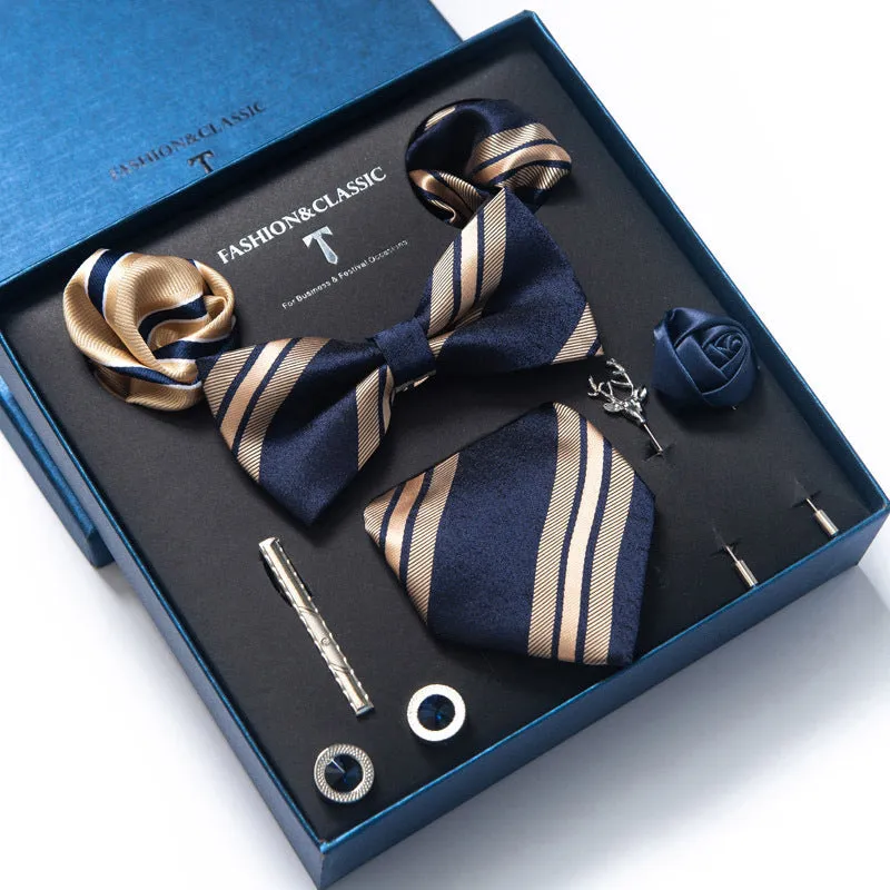 Men's 8-piece rayon jacquard bow tie set, heart shape arrow style, monochrome pattern, 146cm length