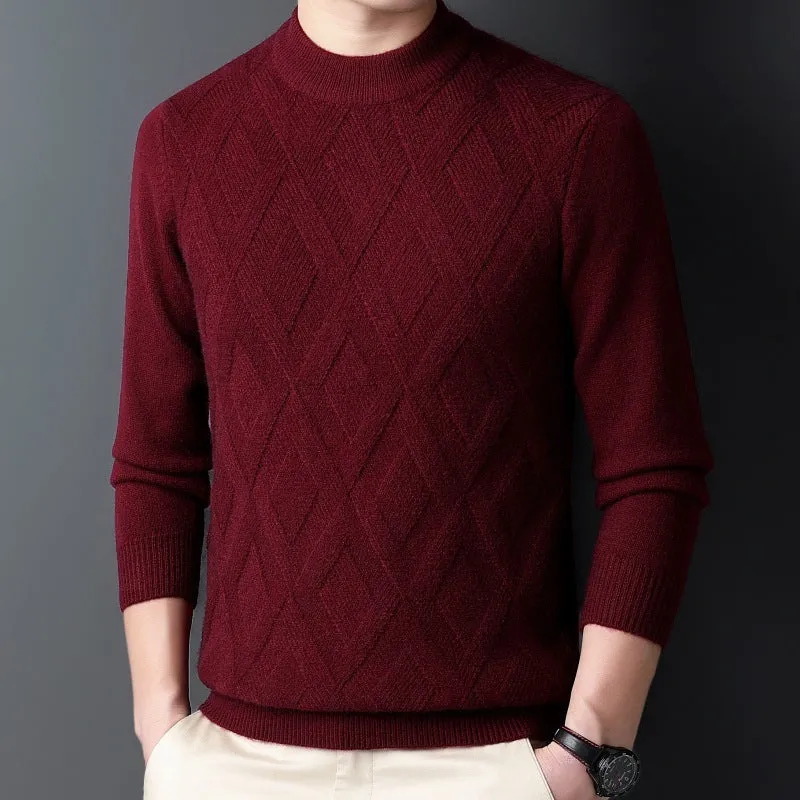 Men's thick diamond jacquard winter sweater in light camel colour, pullover style