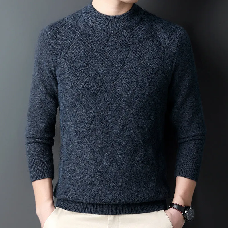 Men's thick diamond jacquard winter sweater in light camel colour, pullover style