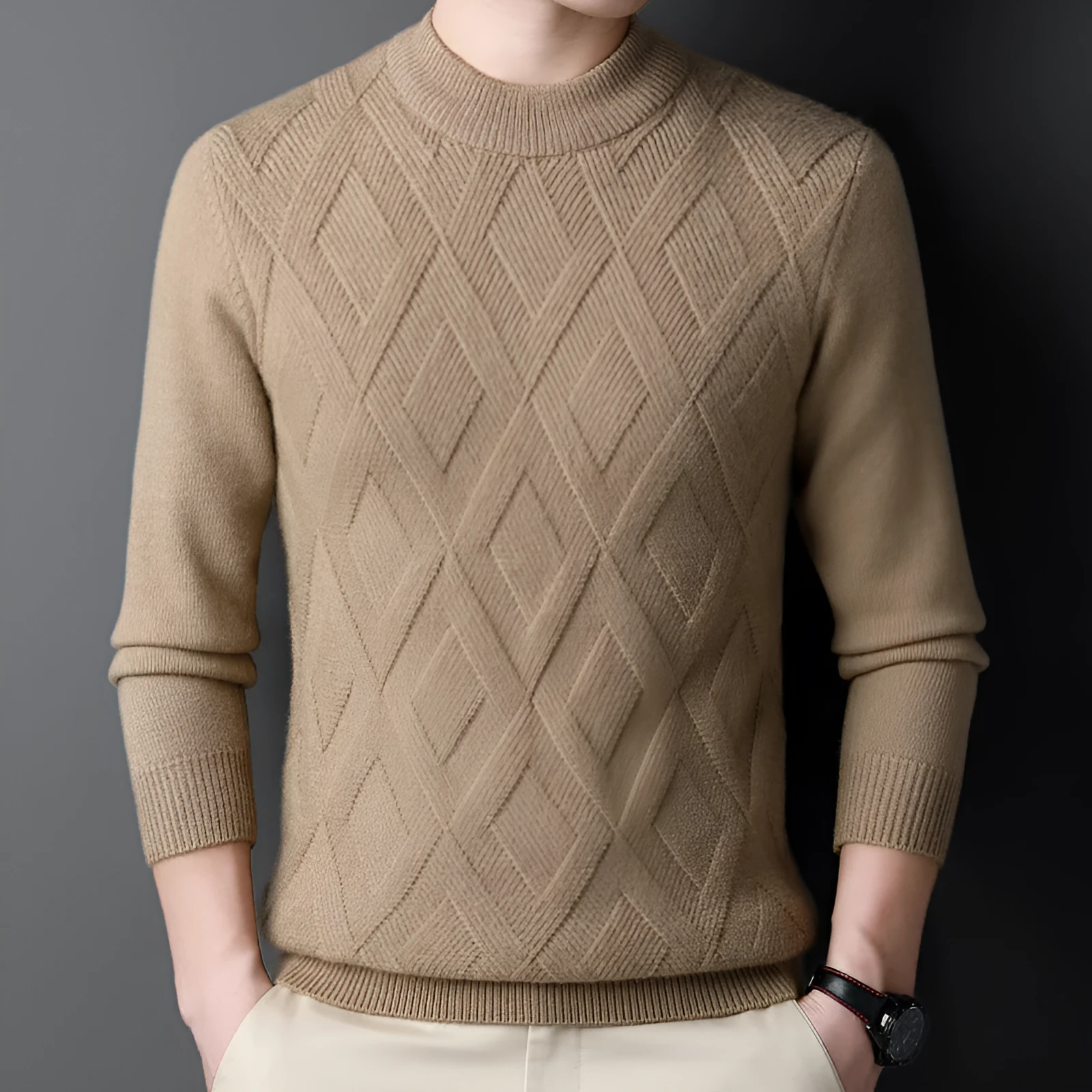 Men's thick diamond jacquard winter sweater in light camel colour, pullover style