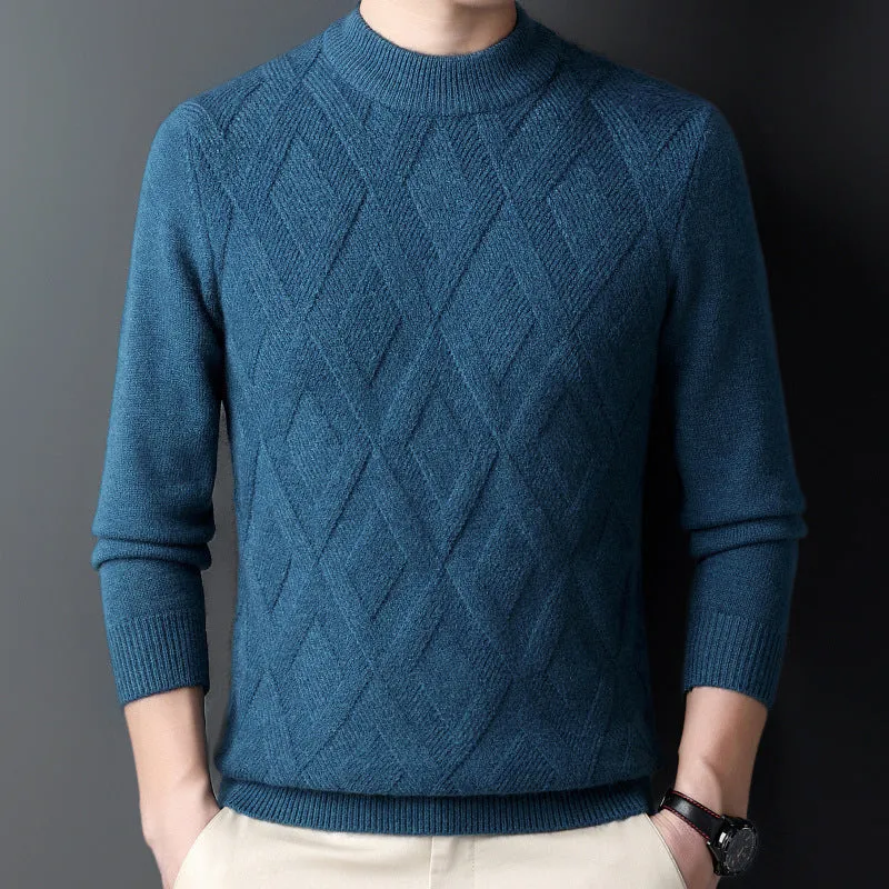 Men's thick diamond jacquard winter sweater in light camel colour, pullover style