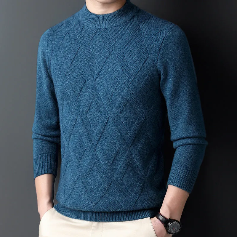 Men's thick diamond jacquard winter sweater in light camel colour, pullover style
