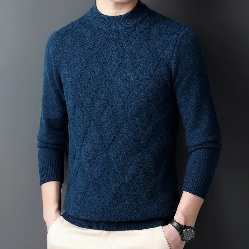 Men's thick diamond jacquard winter sweater in light camel colour, pullover style