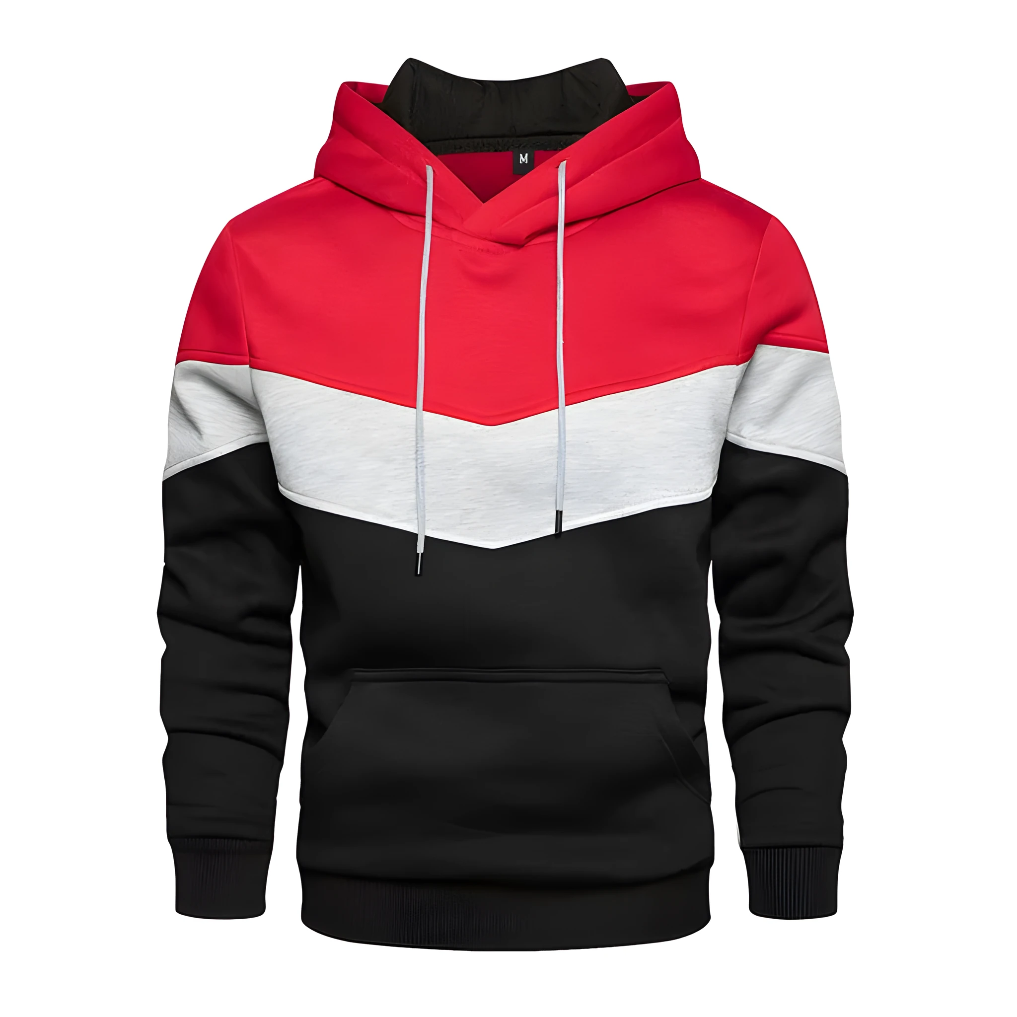 Men's patchwork hooded sweatshirt in blue with a loose fit, long sleeves, and hood.