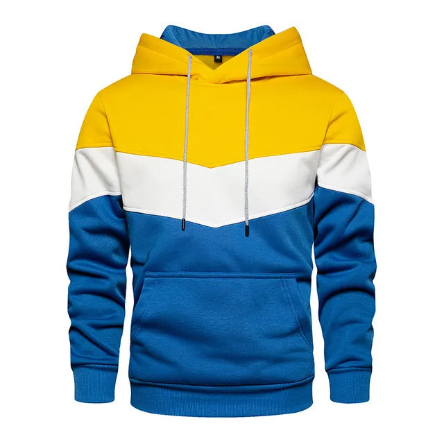 Men's patchwork hooded sweatshirt in blue with a loose fit, long sleeves, and hood.