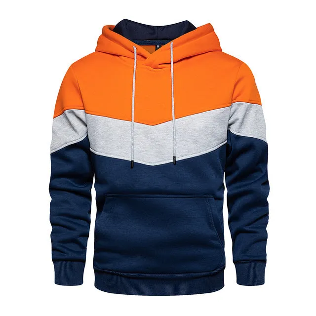 Men's patchwork hooded sweatshirt in blue with a loose fit, long sleeves, and hood.