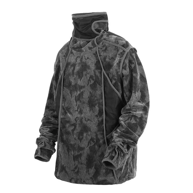 Men's black tie dye printed turtleneck sweater with drop shoulder sleeves and loose casual fit